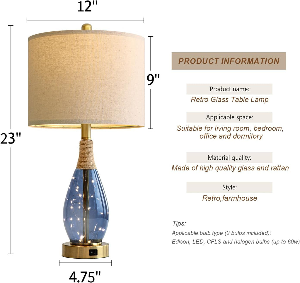 OYEARS 23' Table Lamps for Living Room Set of 2 Bedside Lamps for Night Stands Bedroom Lamps Farmhouse Rattan Boho Lamp Glass Nightlight End Table Lamp with USB C+A (Blue),Two Light Points