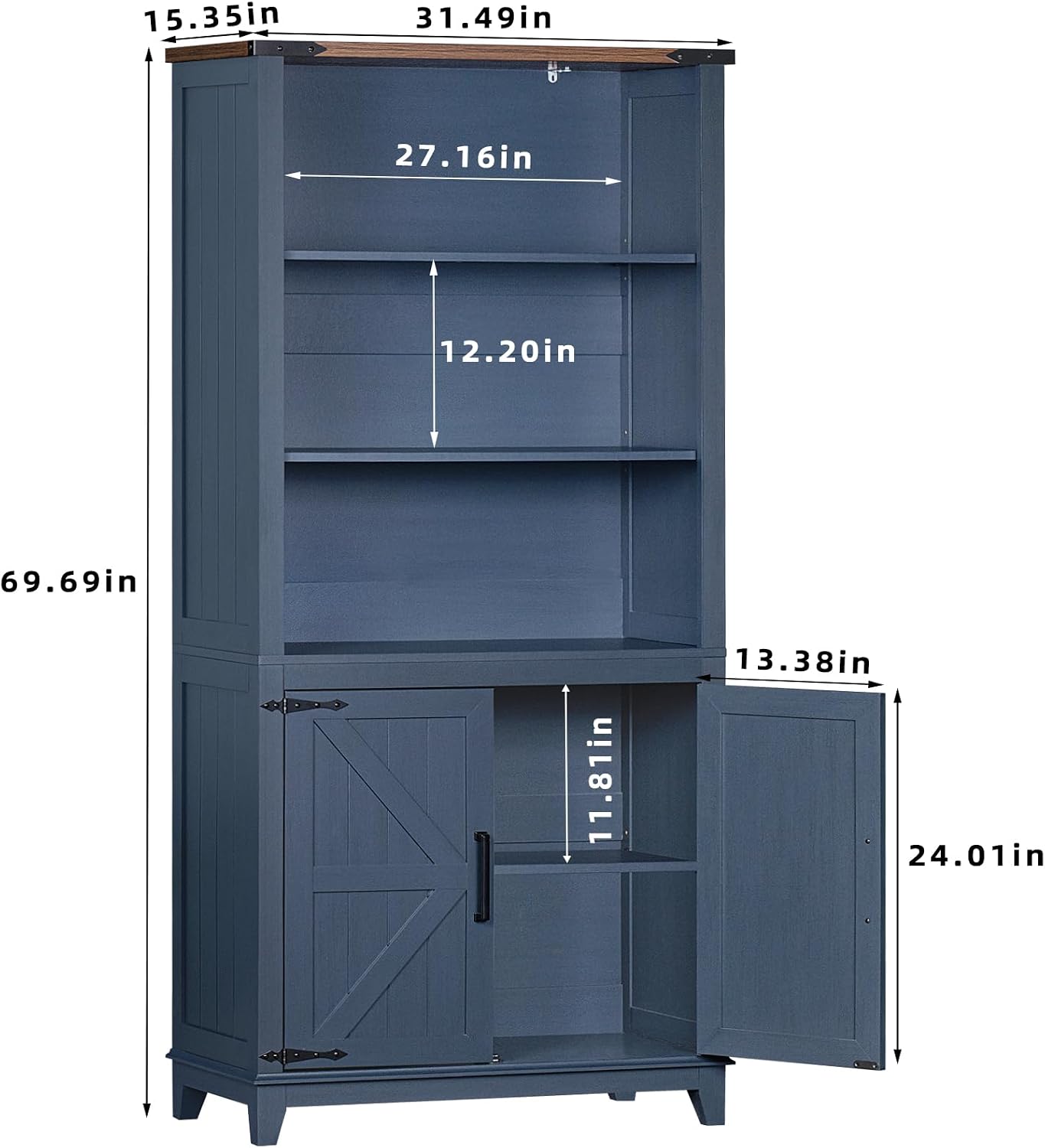 Joaxswe 70in Tall Bookshelf 5 Tier Bookcase with Barn Doors and Adjustable Shelves, Blue Farmhouse Book Shelf with Storage Cabinet, Wood Freestanding Display Bookshelves for Bedroom, Living Room | Bookcase