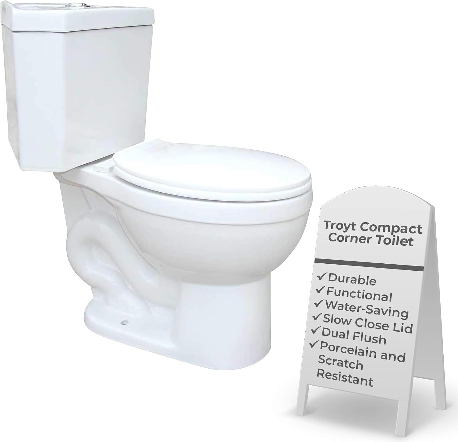 Renovators Supply Manufacturing Dual Flush Corner 2-Piece Round Toilet, Troyt Style with Slow Close Seat, 0.8/1.6 GPF Water Saving, 12 in Rough-In White Vitreous China