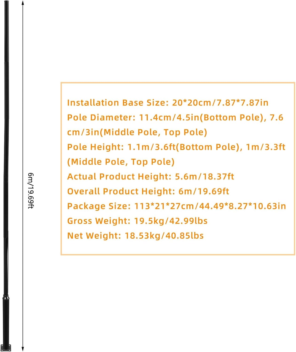 20FT Tall Street Light Pole, Heavy Duty Split Street Lamp Post for Outdoor Street Courtyard Parking Lot Adjustable Height Lighting Post Fixtures with Mounting Ground Cage (20FT 114+76mm)