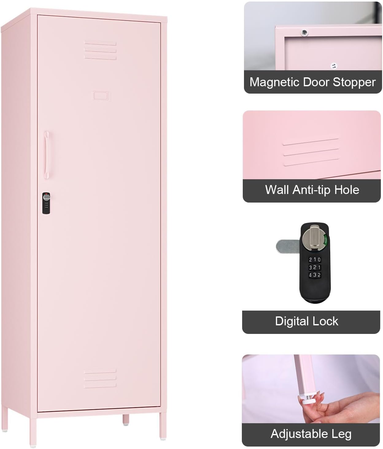 Steehoom Metal Storage Cabinet for Employees, Lockable File Cabinet, Utility Tall Cabinet Pink Locker with 3 Shelves for School, Office, Garage, Entryway (Pink, H59.06'')