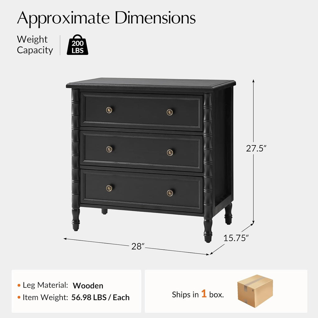 HULALA HOME Solid Wood End Table with Bamboo-Inspired Frame, 28' Wide Endtable with Charging Station, 3 Drawer Side Table for Living Room, Black