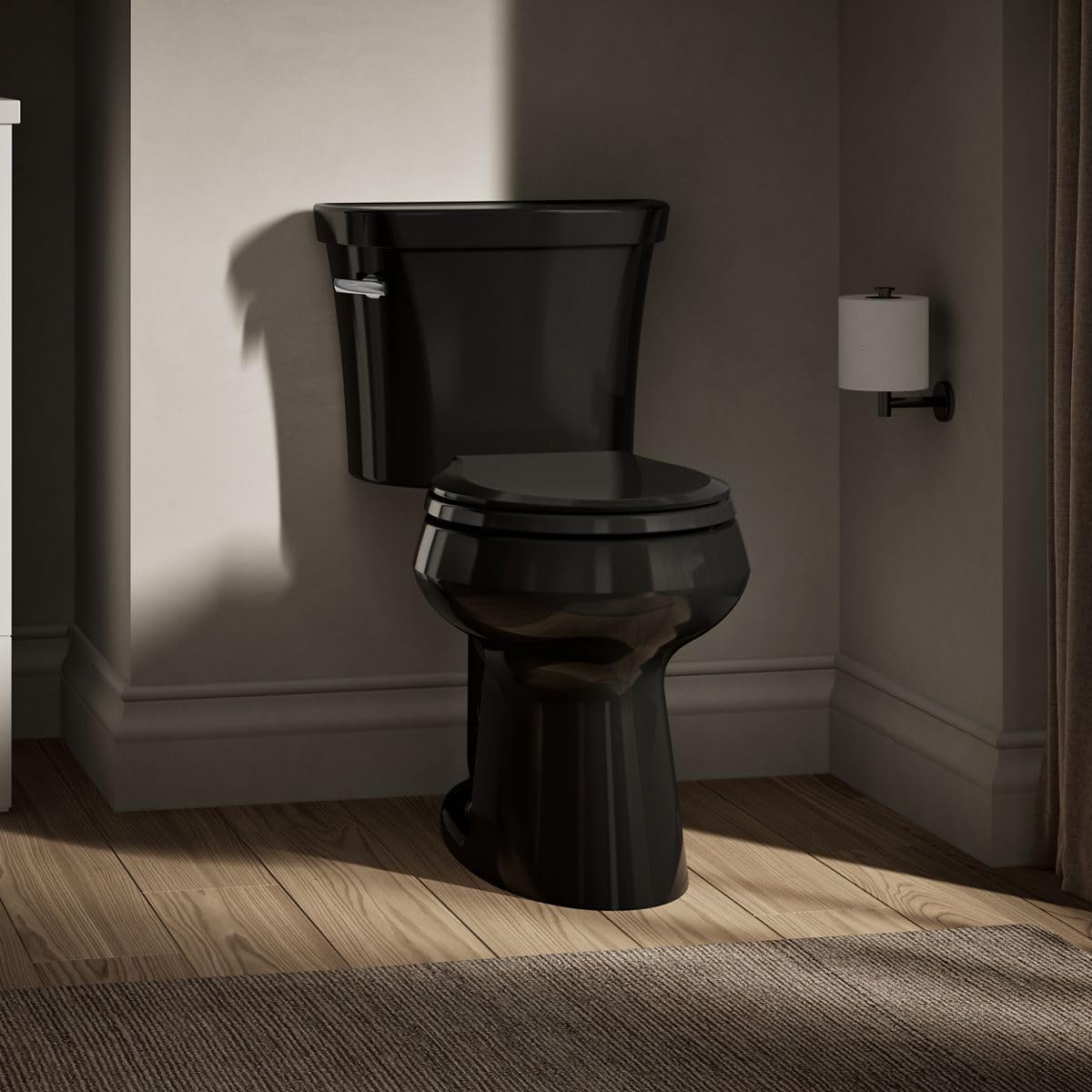 Kohler K-5481-7 Highline Comfort Height Two-Piece Round-Front 1.28 gpf Toilet with Class Five Flush Technology and Left-Hand Trip Lever Black