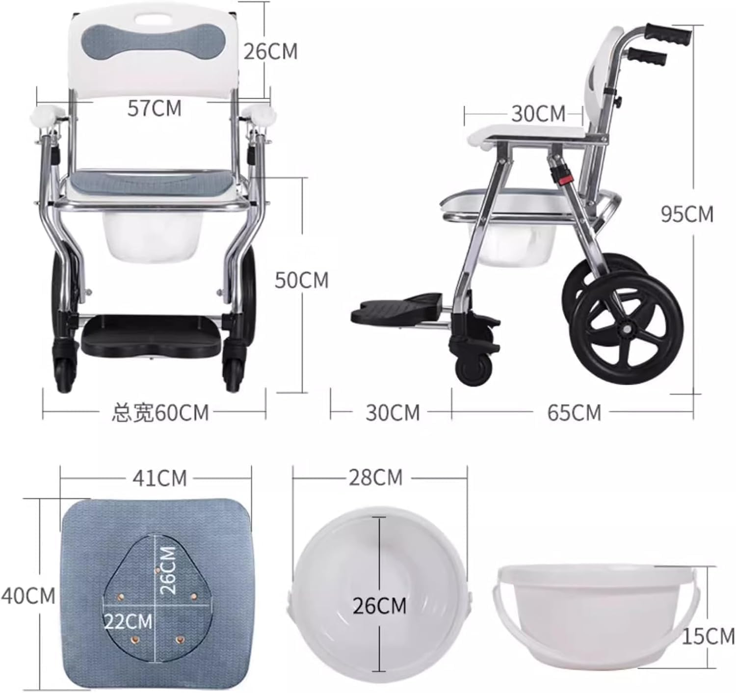 Heavy Duty Bath Chair with Removable Commode Shower Wheelchair for Seniors, Disabled,3 in 1 Foldable Shower Wheelchair Rolling Shower Chair,