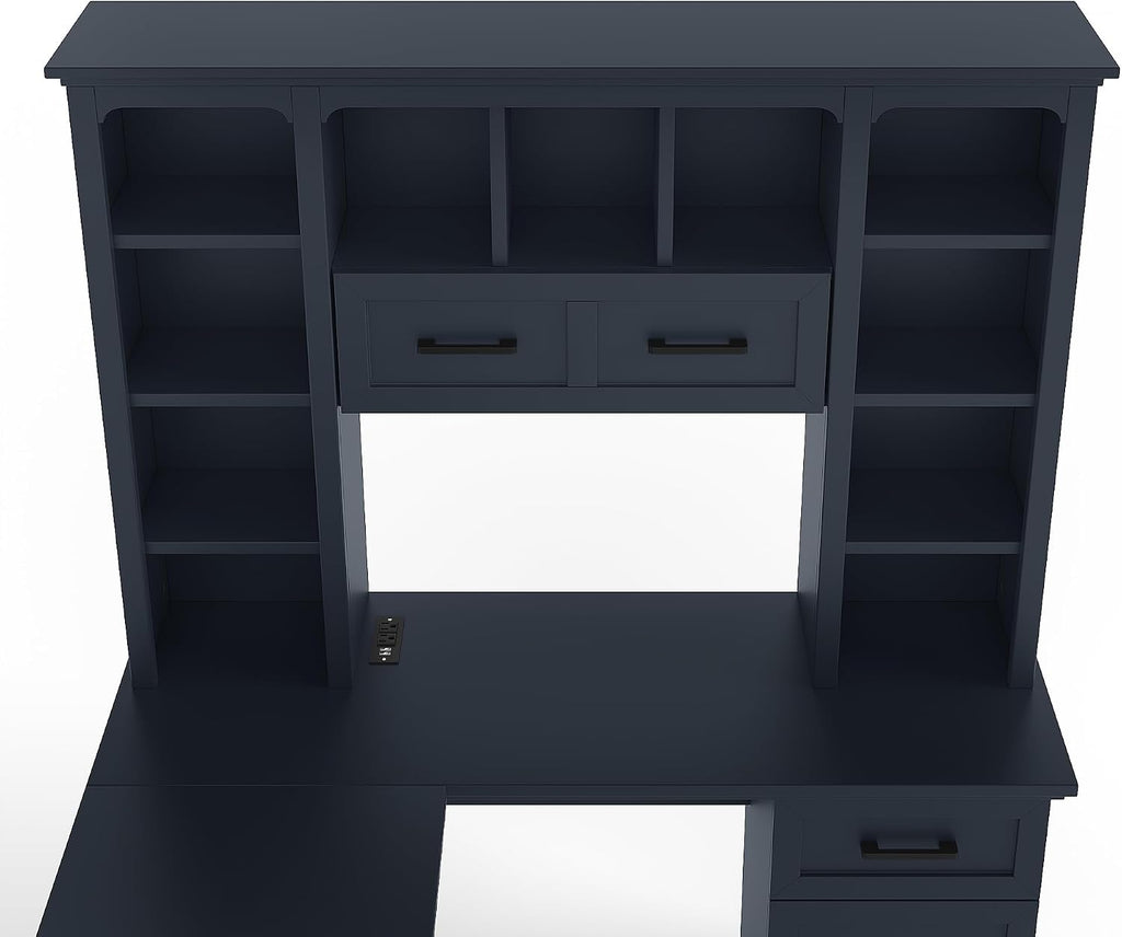 L Shaped Desk With Hutch, Corner Computer Desk With Storage Shelf & Cabinet, Laptop Pc Table Gaming Desk Workstation, Modern Executive Study Writing Desk For Home Office, Bedroom (Antique Blue)