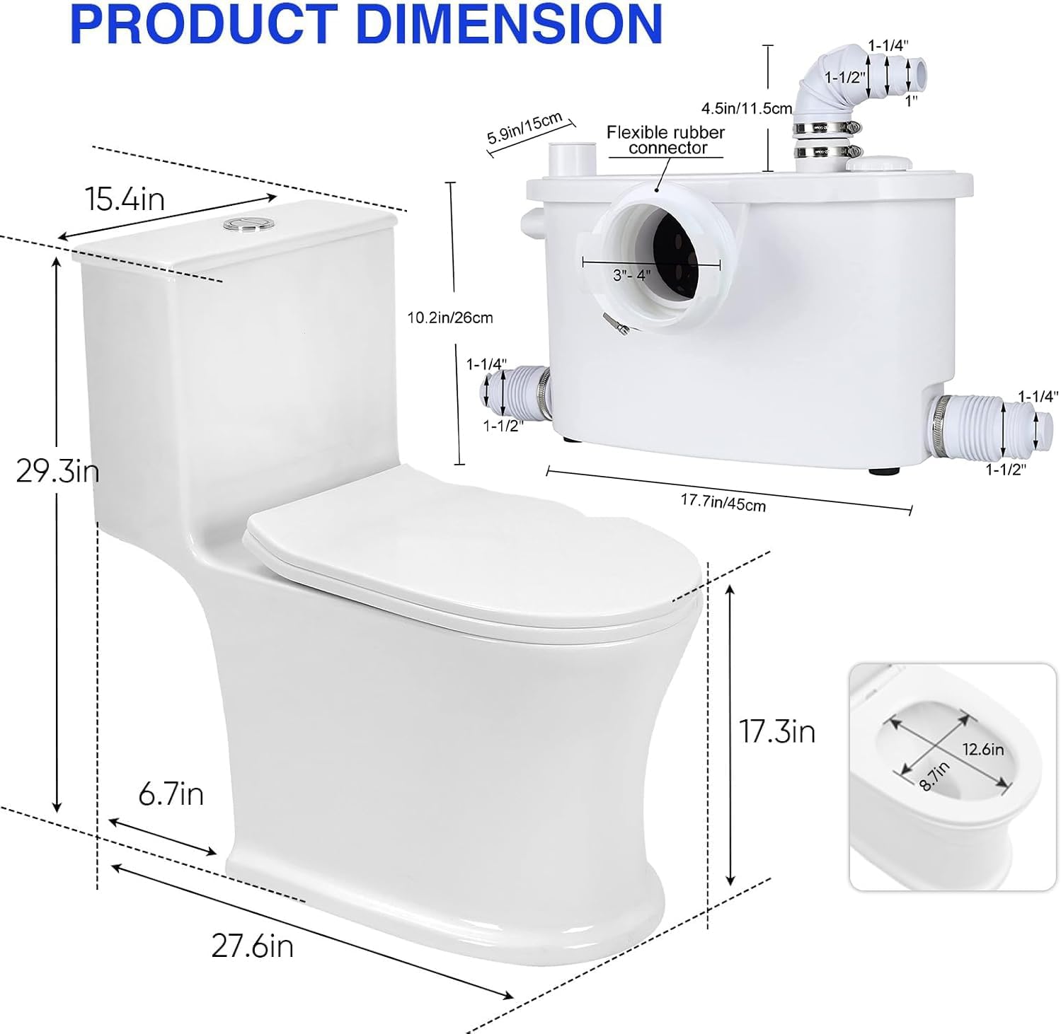 500W Macerating Toilet With Macerator Pump for Basement Upflush System, Included Water Tank, Skirted Toilet Bowl and Seat, Extension Pipe For Hide into the Wall