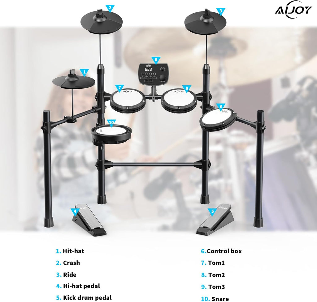 AiJoy Electronic Drum Set for Adults & Beginners, Quiet Mesh Pads with 5 Drums & 3 Cymbals, Dual-Zone Snare, USB MIDI, Sound Module, Drum Throne, Headphones, Sticks, 25 Kits & 195 Sounds