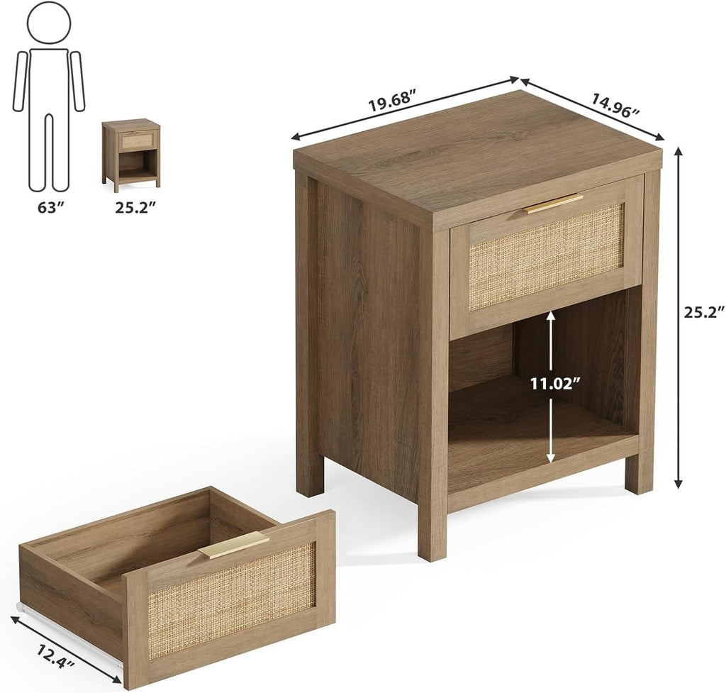 Eclatara Rattan Nightstand Set 2: Boho End Table with Drawer and Storage Shelf, Farmhouse Cane Accent Bedside Night Stands for Bedroom Small Space Sofa (2, Caramel Oak)