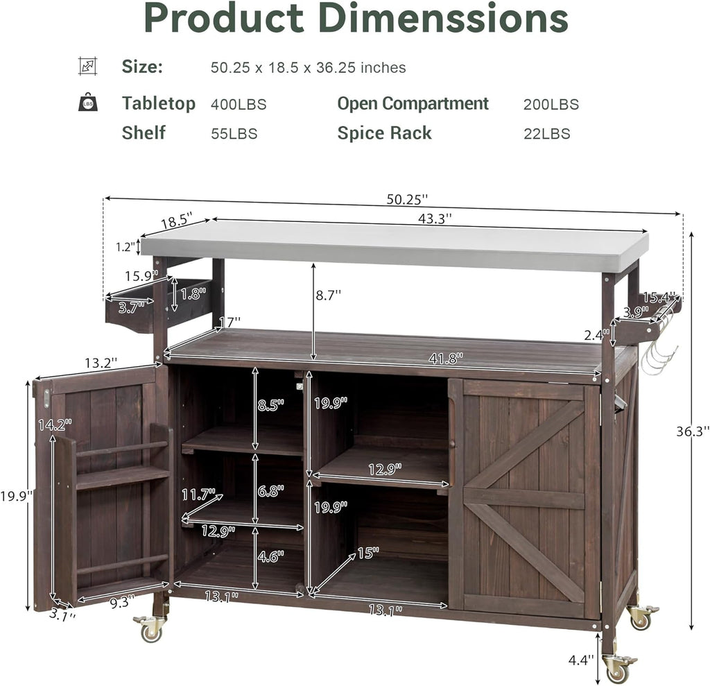 Outdoor Kitchen Rolling Bar Cart with Storage Cabinet, Farmhouse Solid Wood Outdoor Grill Table with Stainless Steel Top, Spice Rack and Towel Rack, Perfect for Barbecue Poolside Patio (Dark Brown)