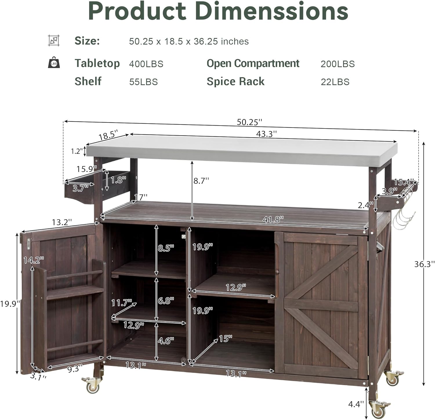 Outdoor Kitchen Rolling Bar Cart with Storage Cabinet, Farmhouse Solid Wood Outdoor Grill Table with Stainless Steel Top, Spice Rack and Towel Rack, Perfect for Barbecue Poolside Patio (Dark Brown)