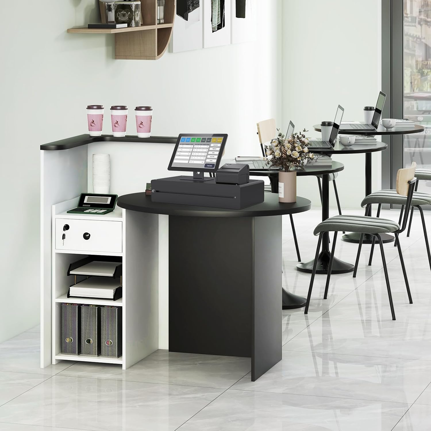 Giantex Reception Desk, Front Counter Desk with Lockable Drawer, Checkout Table with Round Tabletop, Corner Shelf & Adjustable Shelf for Office Beauty Salon Retail Store (White & Black)