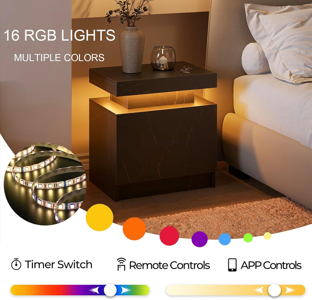 Cubehom Nightstands Set of 2, Bedside Tables with LED Lights, Night Stands with 2 Wood Drawers, End Tables Set of 2 for Living Room/Bedroom