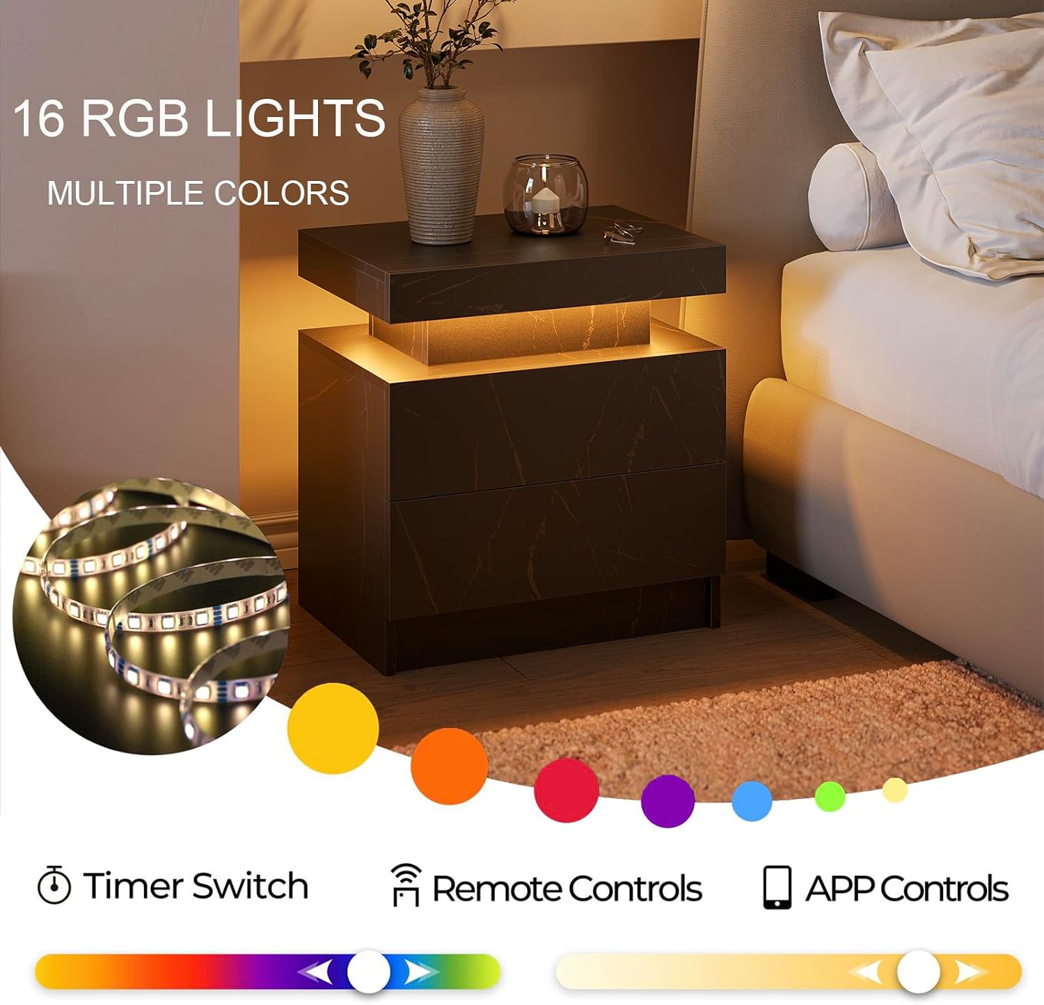 Cubehom Nightstands Set of 2, Bedside Tables with LED Lights, Night Stands with 2 Wood Drawers, End Tables Set of 2 for Living Room/Bedroom