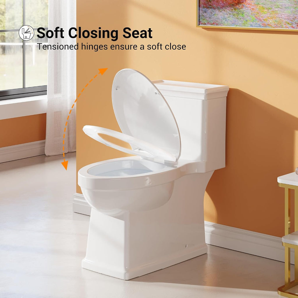 IDEALHOUSE One-Piece Toilet, 1.28 GPF Powerful Flush System, 16.5 Inch Comfort Height, 19 Inch Extended Bowl, Slow Close Seat, 12 Inch Rough in, White