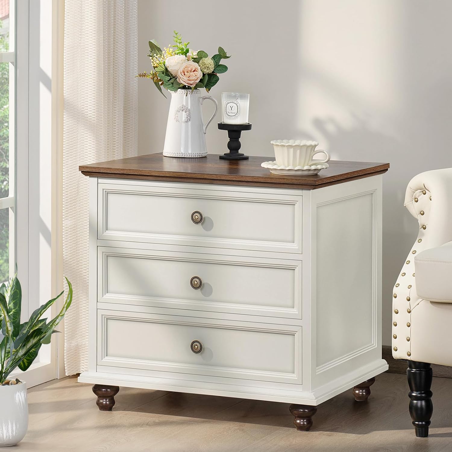 Joaxswe 24' Wide Farmhouse Night Stand Set of 2,Large End Table with 3 Drawers & Metal Handle,White Wood Dresser for Bedroom, Bed Side Table Chest of Drawers Cabinet, Nightstand for Living Room,Closet