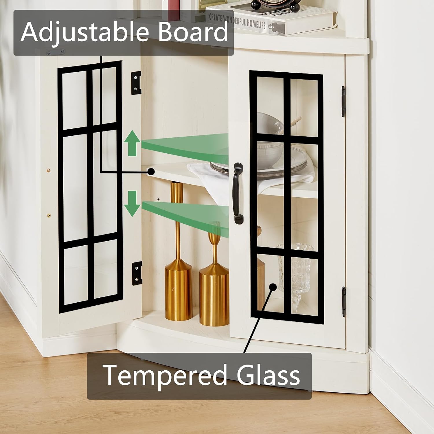 AMERLIFE Curved Corner Storage Cabinet, 65' Tall Freestanding Bookcase with Glass Doors & Adjustable Shelves, 5-Tier Corner Display Cabinet for Living Room, Bathroom, Distressed White