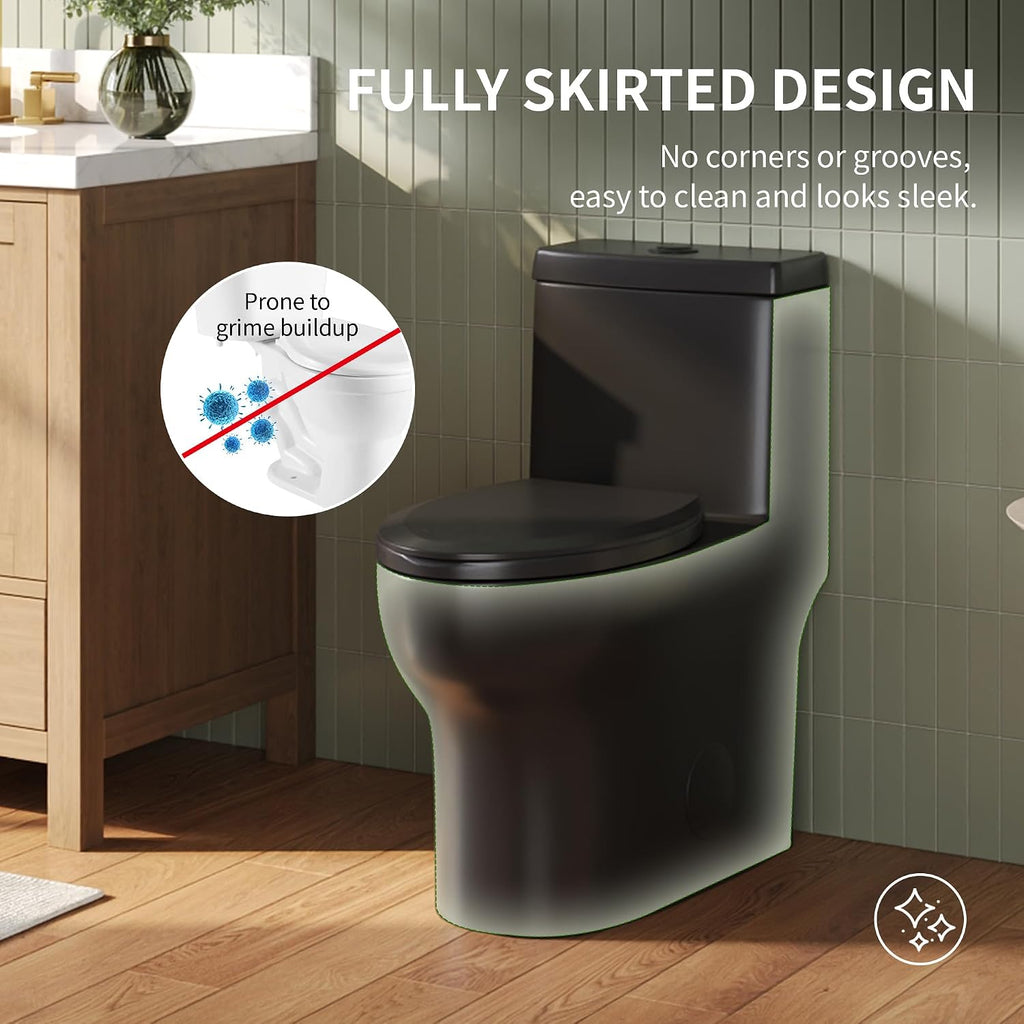 DeerValley Black One Piece Toilet with Efficient Dual Flush 1.1/1.6 GPF | Standard Height Toilet Bowl, Durable Ceramic, Slow Close Seat, Skirted Design 12' Rough-In Toilet for Bathroom DV-1F026B