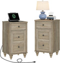 WAMPAT Set of 2 End Table with Charging Station, Wood Nightstands with Drawer and Storage Cabinet, Modern Side Tables Living Room Set of 2, Farmhouse Night Stands Bedside Table for Bedroom, Wash Grey