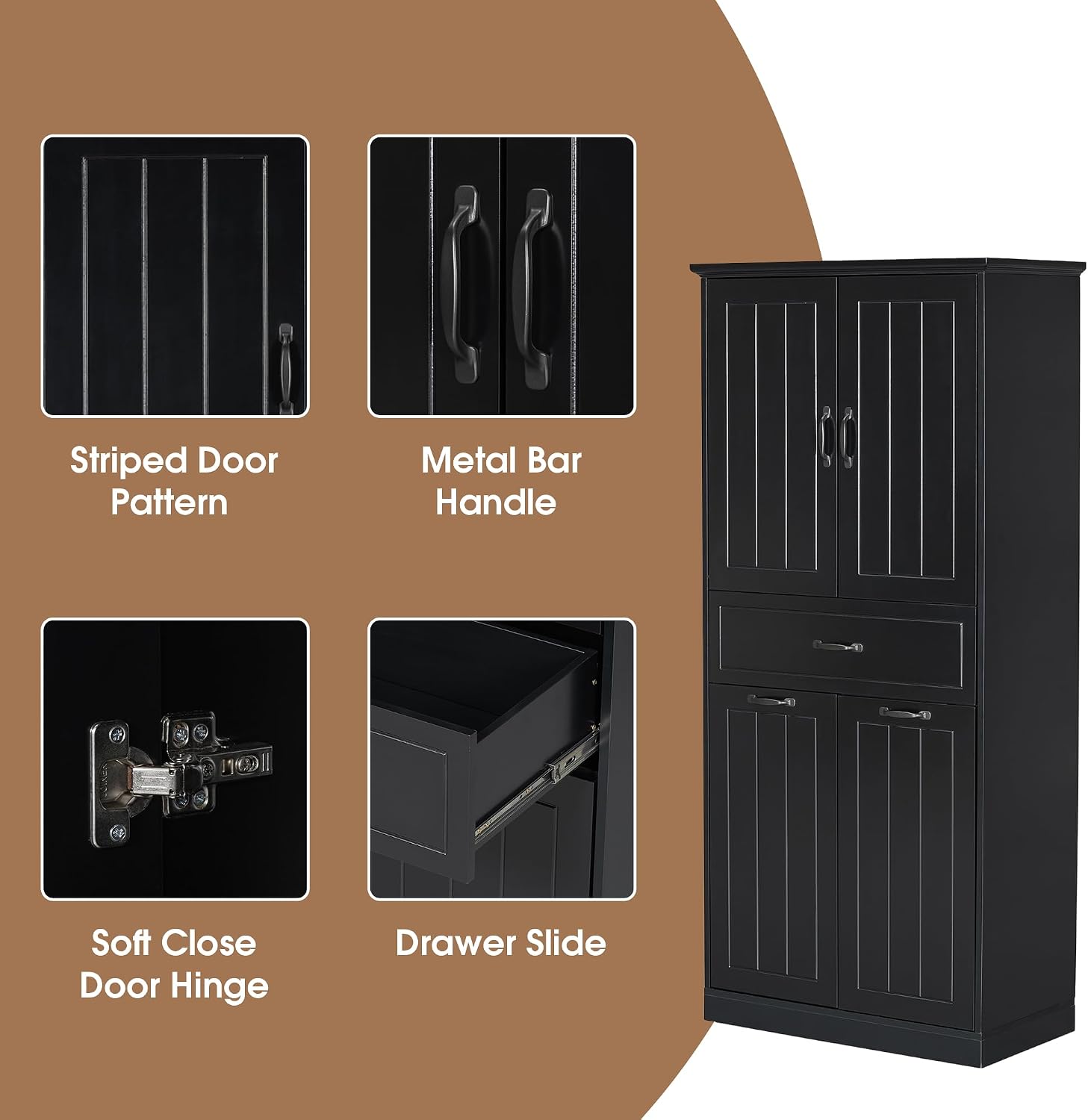 Bathroom Storage Cabinet with 2 Removable Bins, 65.8 in Tall | MDF, painted finish, adjustable shelf, 2 removable bins, enclosed storage, anti-tip, bathroom, 29.9 W x 15.7 D x 65.8 H in