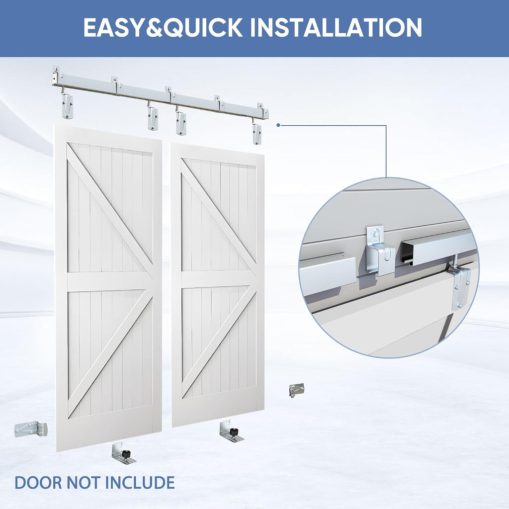 Exterior Barn Door Hardware Kit, BARNSMITH 14FT Sliding Barn Door Hardware Heavy Duty Doors Track Kit for Double Doors Use, Wall Mount, Silver (Hardware Only)