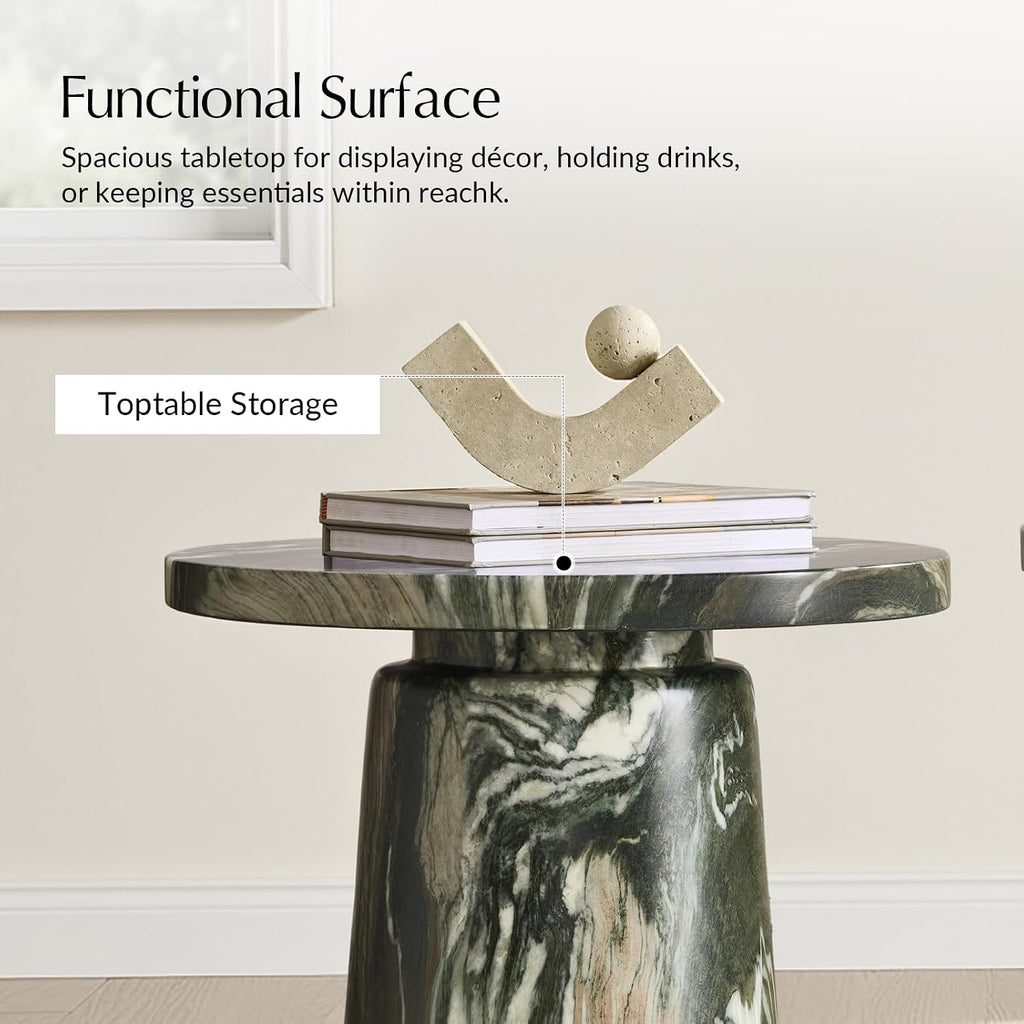 HULALA HOME Sculptural Round End Table with Pedestal Base, Faux Marble Accent Table for Modern Living Room(Green)