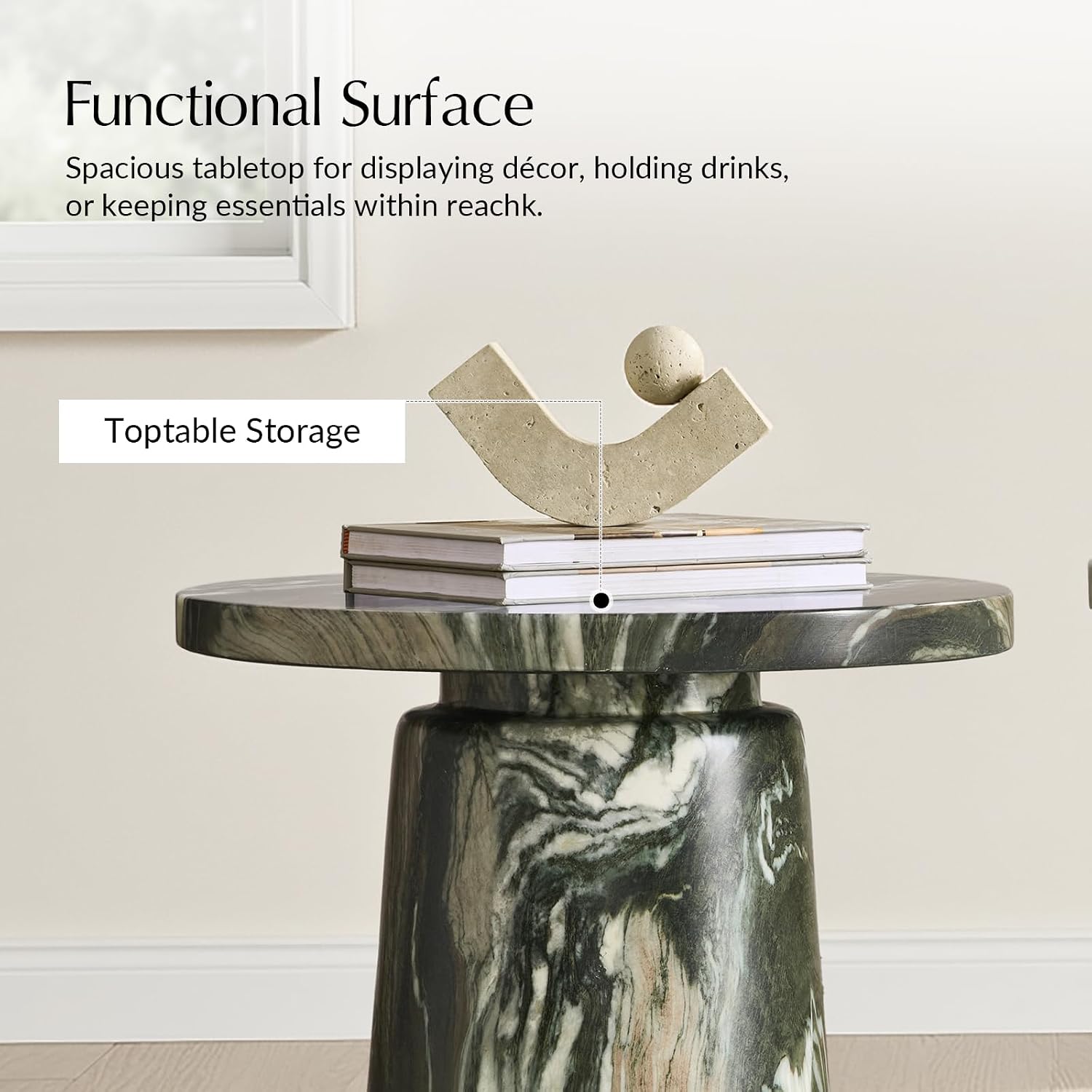 HULALA HOME Sculptural Round End Table with Pedestal Base, Faux Marble Accent Table for Modern Living Room(Green)