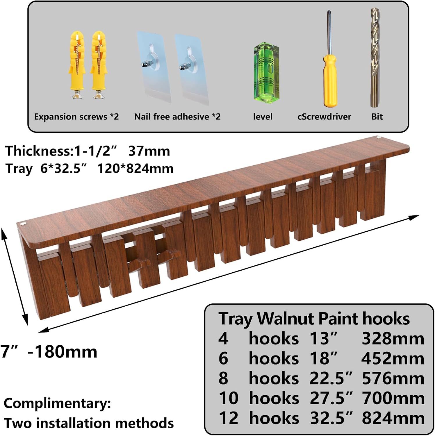 Wall Mounted Piano Key Hanger | Flip Style Hook | Entrance Wall Art Hook, Made of Oak Wood (3 Times Painted, 4 Times Polished) (Tray Walnut, 8Hooks)