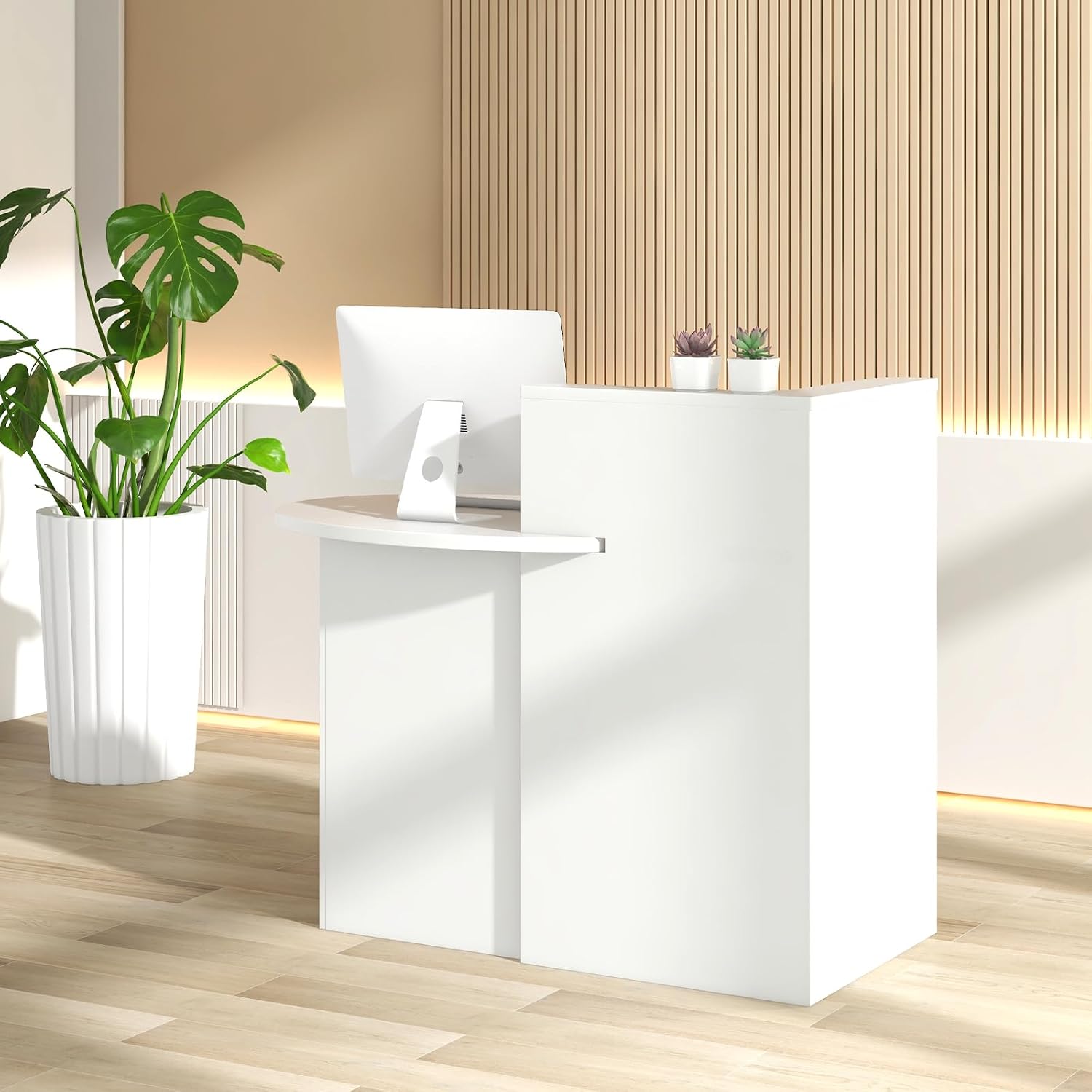 Giantex Reception Desk, Front Counter Desk with Lockable Drawer, Checkout Table with Round Tabletop, Corner Shelf & Adjustable Shelf for Office Beauty Salon Retail Store (White)