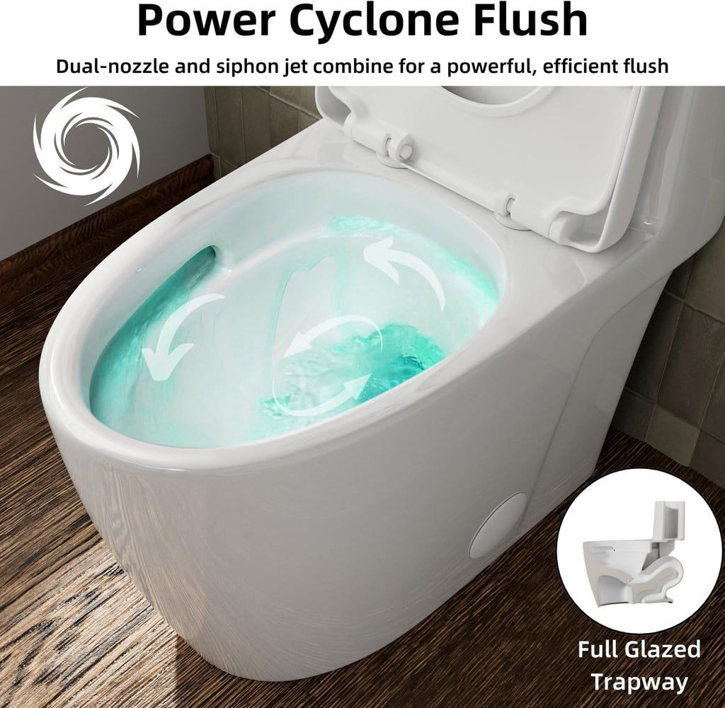 17.3' Elongated One Piece Toilet with Rimless Swirl Flush, Los Flexi Modern Toilets For Bathrooms, ADA Chair Height, Dual Flush 1.0/1.28 GPF, White 17 Inch Toilet Bowl, Soft-Close Seat & 12' Rough-In