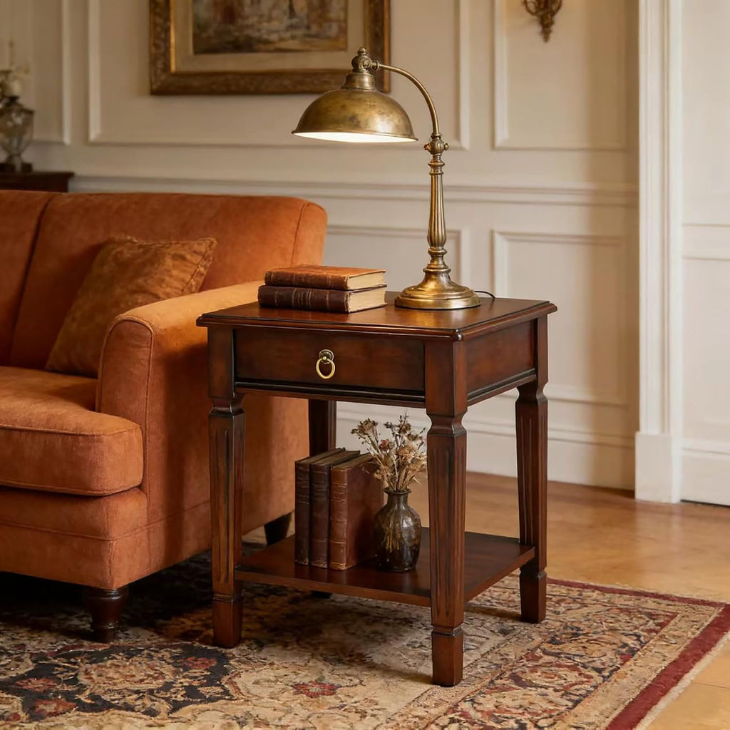 Living Room Table Set-1 Coffee Table and 2 End Tables with Storage Drawer and Shelf, Farmhouse Center Table with Wood Legs, Rectangular Corner Table, Easy Assembly Dark Cherry KFZ-D1258