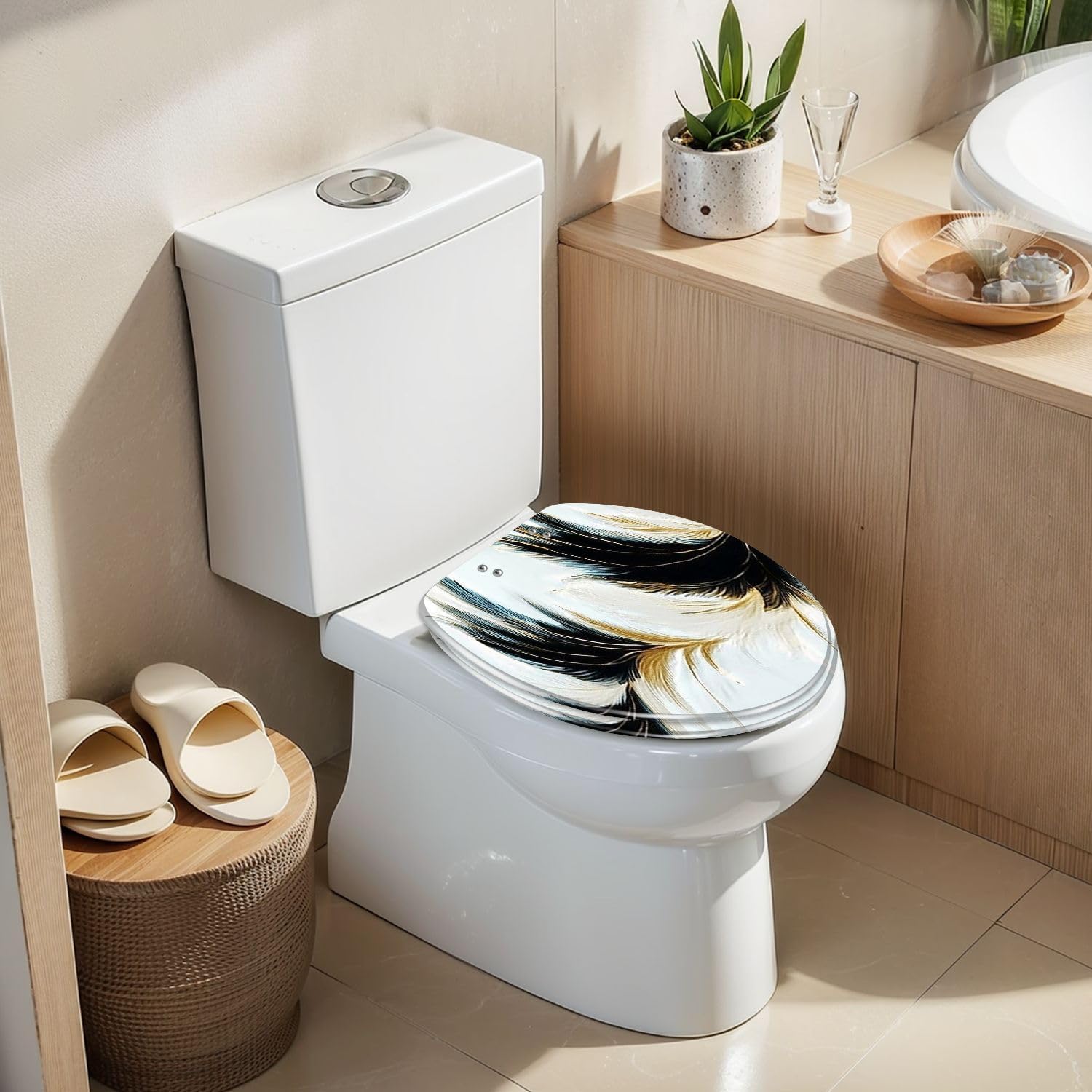 Elongated Toilet Seat luxury black white golden feathers Resin Toilet Seat Slow Quiet Close Lid with Quick-Release Hinges Cover Bumpers Easy to Clean Install