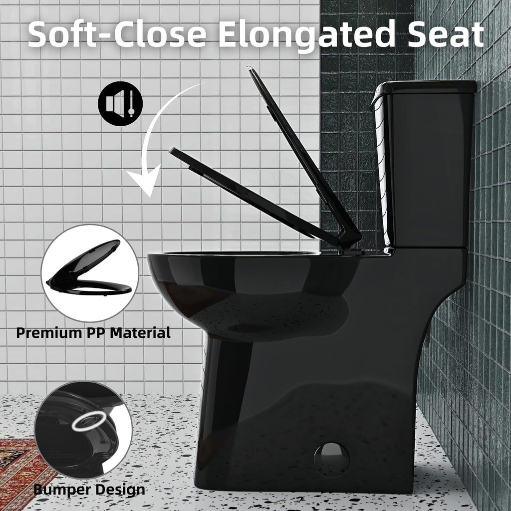 Black 21 Inch High Toilet, Los Flexi Skirted Glossy Black Two-Piece Toilet with 1.1/1.28 Dual Flush System For Seniors & Tall Height Users, Comfort Elongated Bowl, Soft-Close Seat 12' Rough-In