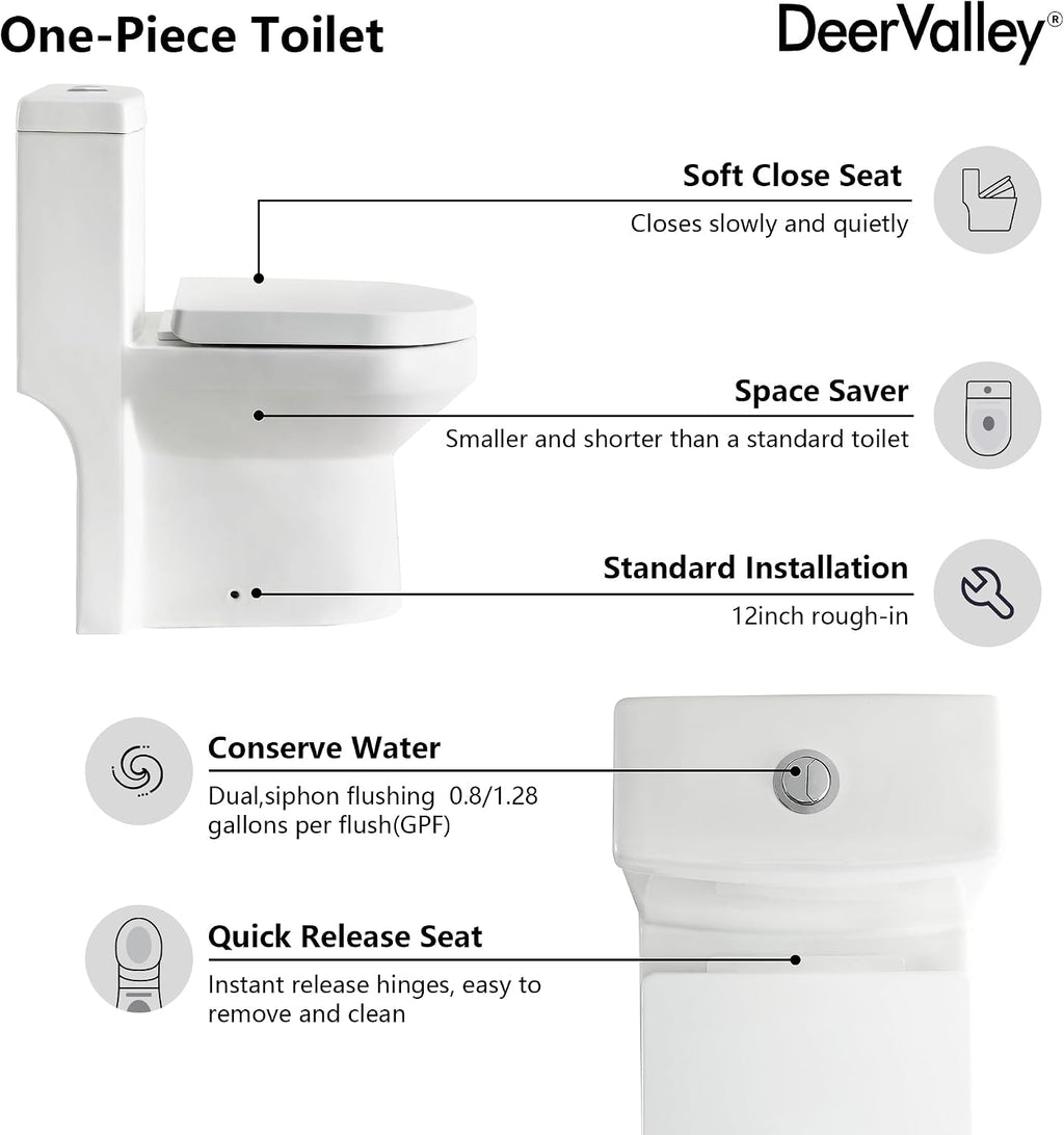 DeerValley Compact One Piece Toilet for Small Bathrooms with Soft Close Seat 12 Inch Rough Dual Flush 0.8/1.28 GPF Toilets In White