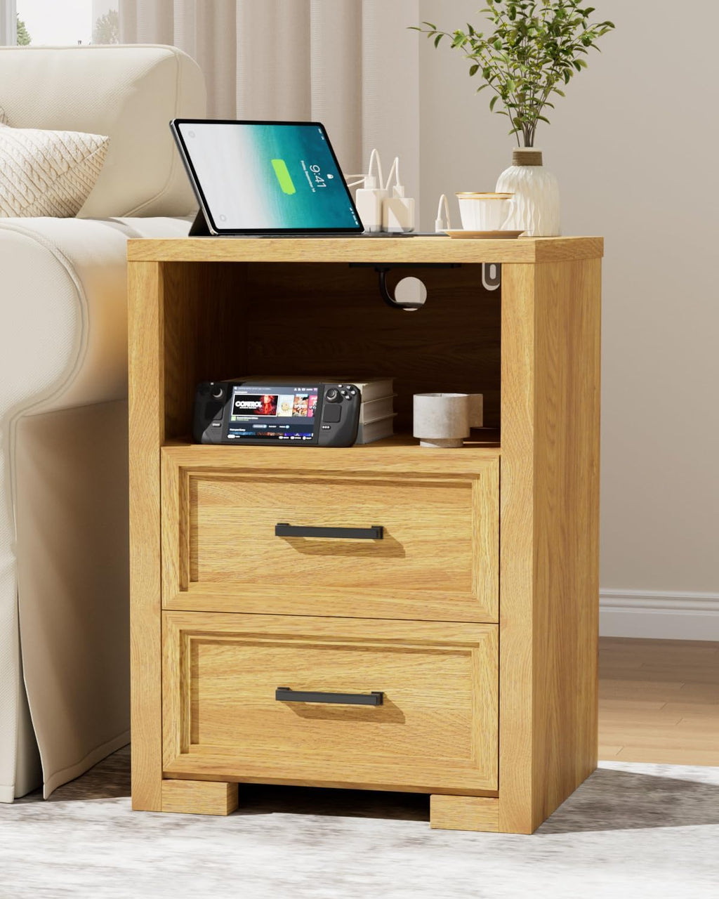 Nightstand Set of 2, Night Stand with Charging Station, End Table with 2 Drawers, Wood Rustic Side Table with Open Storage Shelf, for Bedroom, Natural Oak