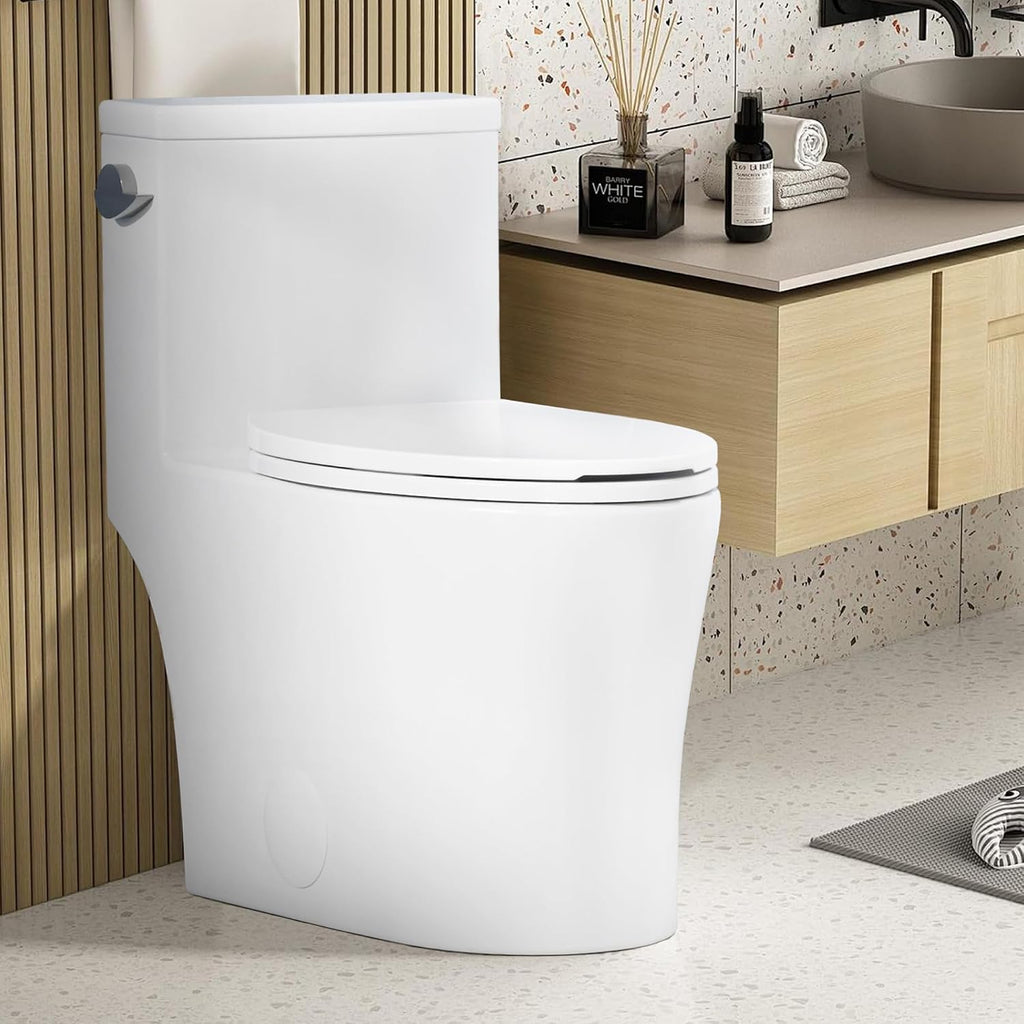 One Piece Elongated Toilet with Side Flush Handle and Quick Attach Soft Close Seat, High Seat Comfort for Seniors and Compact Bathrooms
