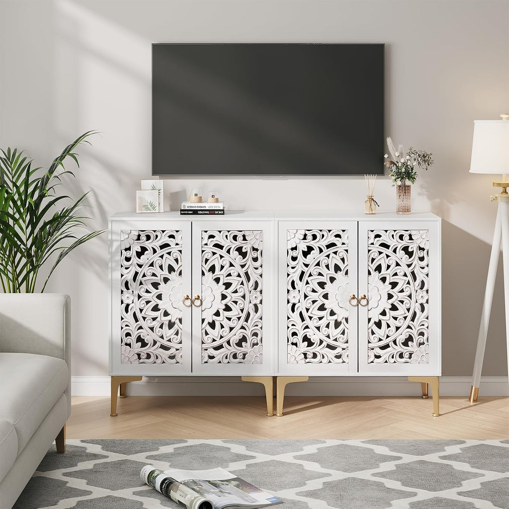JOINICE Accent Cabinet with Doors, Set of 2, Sideboard Buffet Cabinet with Storage, 31.5' W Buffet Table with Gold Legs and Adjustable Shelf for Living Room, Kitchen, Hallway, White