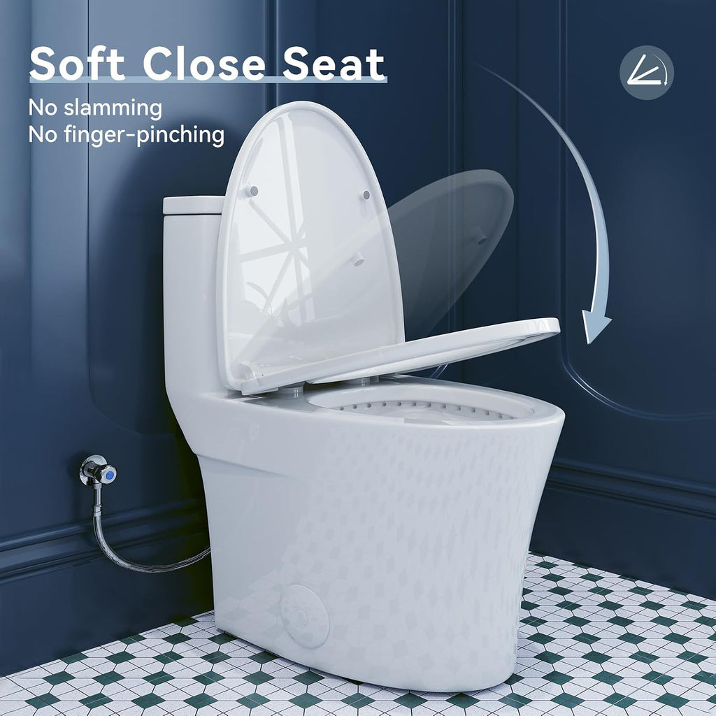 HOROW T0307W Elongated One Piece Toilet, Small Compact with Soft Close Seat, 1.1/1.6 GPF Powerful Dual Flush Toilet for Small Bathroom, 12' Rough-In Standard Toilet Bowl, White Modern Toilet