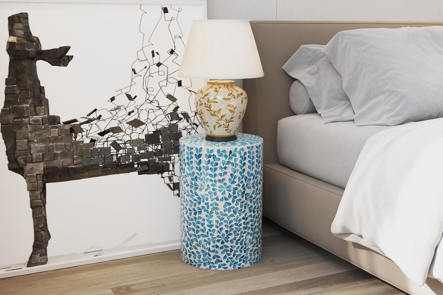 PEMAR Mother of Pearl Inlaid Cylinder Drum End Table Nacre Capiz Shell Side Table Stool Drum Accent Table Coffee Bedside Side Table Round Nightstand and Vanity Stool (Teal Floral)