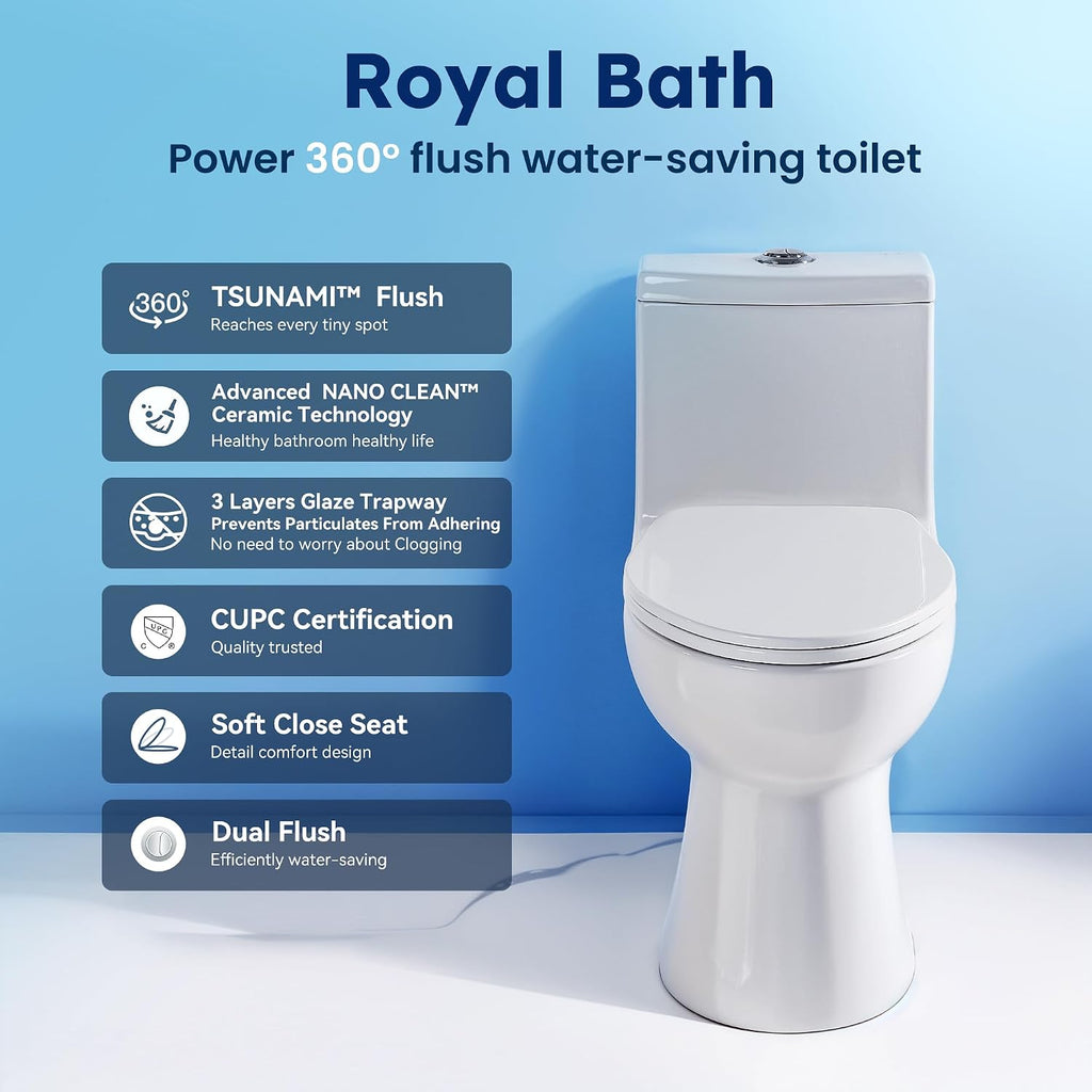 360° TSUNAMI Flush One-piece Toilet: 17.3' ADA Height, Nano Self-Cleaning, WaterSense/MAP/CUPC Certified, 0.8/1.28 Gal Dual Flush-Water saving, Elongated Bowl & Soft-Close Seat,12' Rough-In
