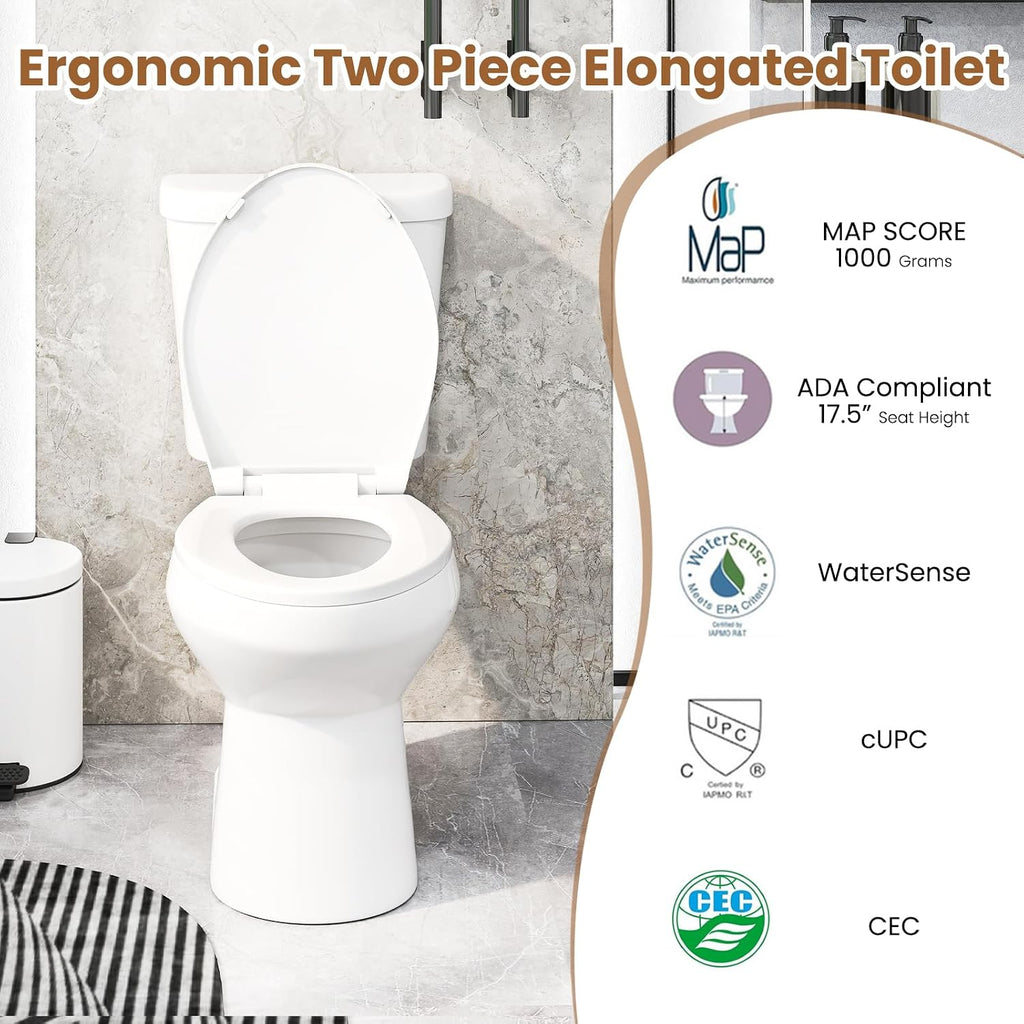 Giantex Two-Piece Elongated Toilet with 17.5' ADA Comfort Height Seat, Powerful Dual Flush 1.1/1.28 GPF, MAP 1000g, Soft Close Seat & 12' Rough-In, Water Sense, cUPC and CEC Approved, Load 880Lbs