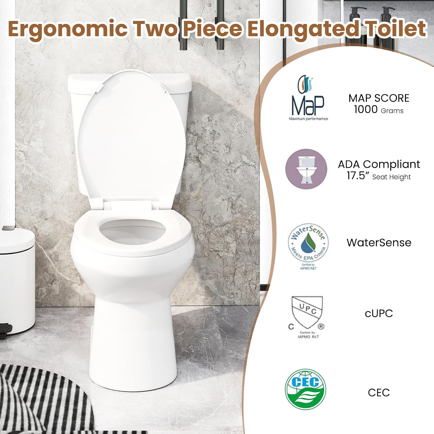 Giantex Two-Piece Elongated Toilet with 17.5' ADA Comfort Height Seat, Powerful Dual Flush 1.1/1.28 GPF, MAP 1000g, Soft Close Seat & 12' Rough-In, Water Sense, cUPC and CEC Approved, Load 880Lbs