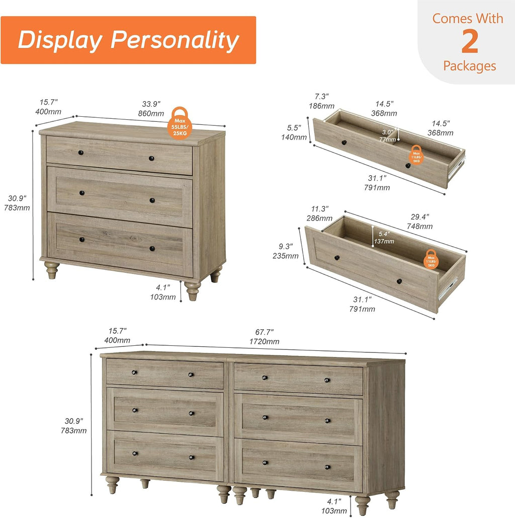 WAMPAT Farmhouse Nightstand with 3 Drawers, Set of 2 Large 3 Drawers Wood Bedside Table Night Stand, Wide Sofa Side End Table Chest of Dresser for Living Room, Bedroom, Wash Grey, 34 inch