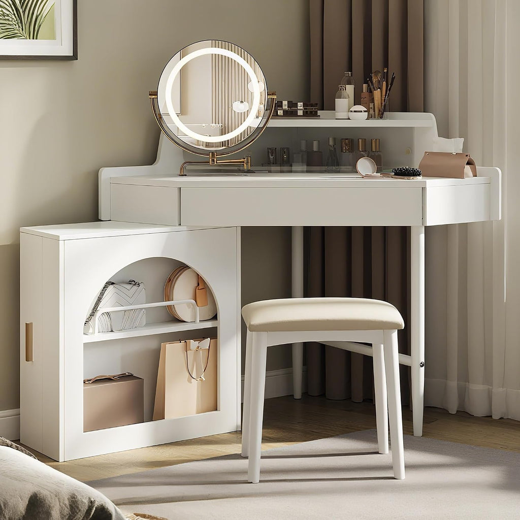 Merax Corner Vanity Desk with Mirror and Lights, 55.9' L Makeup Vanity Set with Side Storage Cabinet and Stool, Dressing Table with Small Sliding Glass Door, Drawer and Display Shelf, White