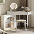 Merax Corner Vanity Desk with Mirror and Lights, 55.9' L Makeup Vanity Set with Side Storage Cabinet and Stool, Dressing Table with Small Sliding Glass Door, Drawer and Display Shelf, White