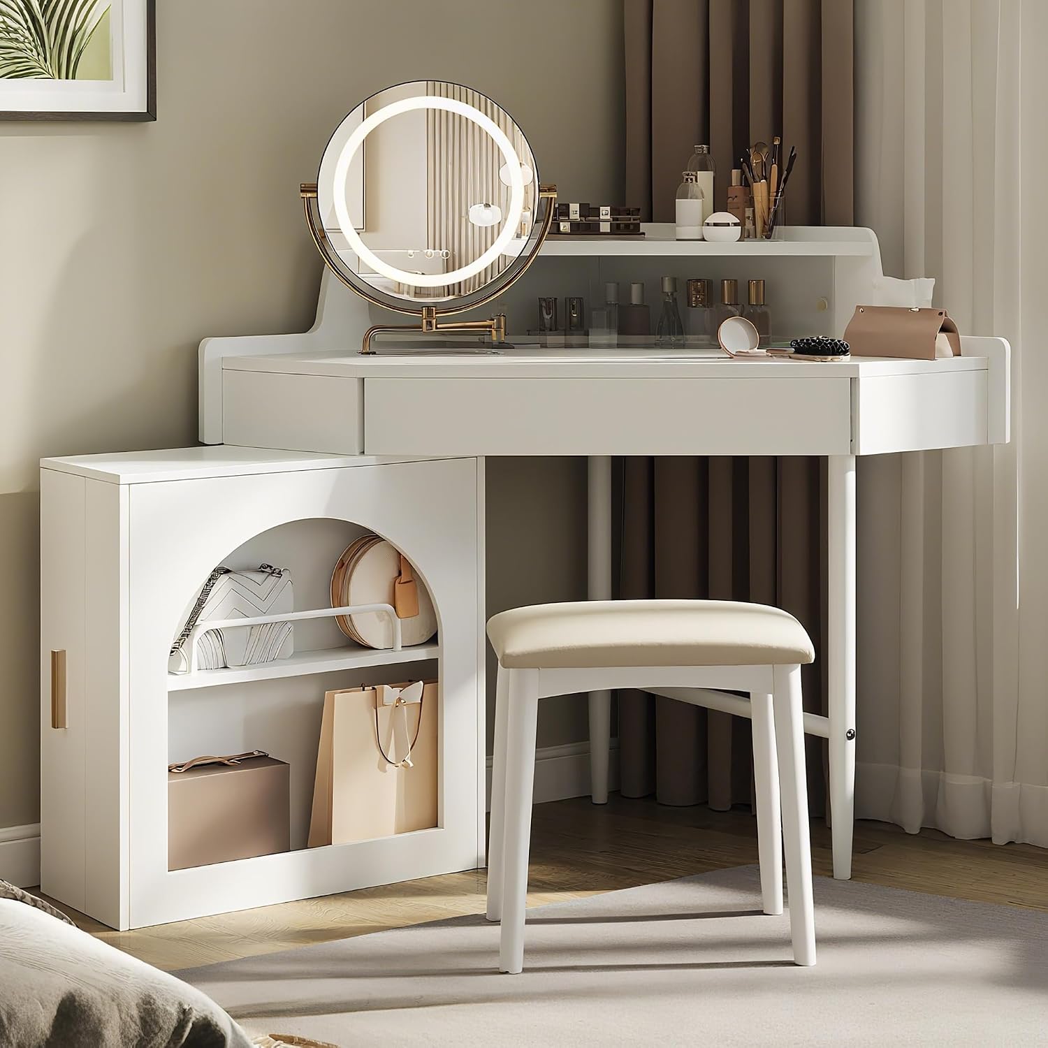 Merax Corner Vanity Desk with Mirror and Lights, 55.9' L Makeup Vanity Set with Side Storage Cabinet and Stool, Dressing Table with Small Sliding Glass Door, Drawer and Display Shelf, White
