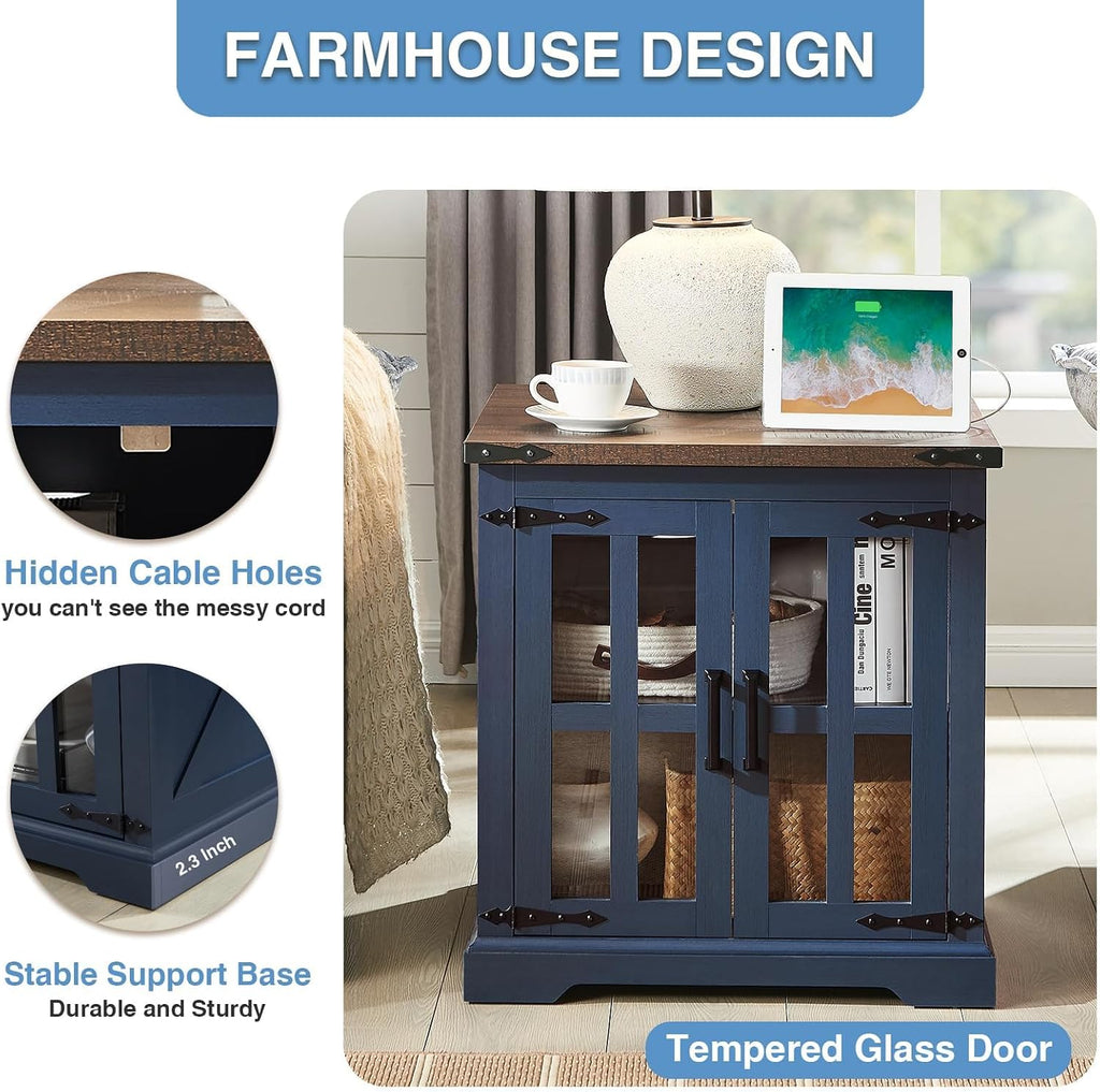 Barnyatoh Farmhouse End Table with Charging Station,24' Large Side Table with Glass Barn Door, Rustic Wood Nightstand Bedside Table with Adjustable Storage Shelf for Living Room, Bedroom, Navy Blue
