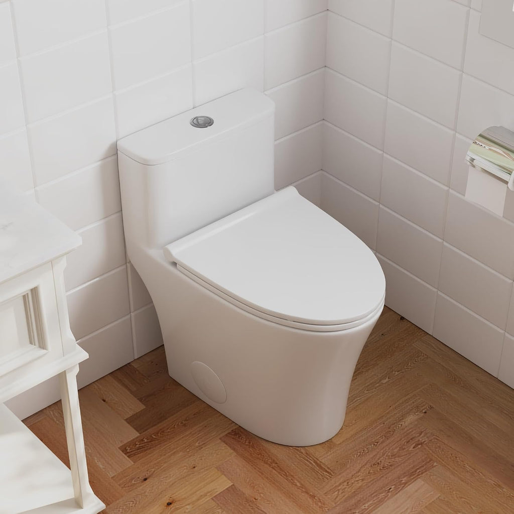 DeerValley Compact One Piece Toilet, Small Toilet for Bathroom with Comfort Wider Chair Seat, Modern Toilets Powerful Flush Tall Hight 12'' Rough-In Toilet White 23.6'D x 15.7'W x 26'H