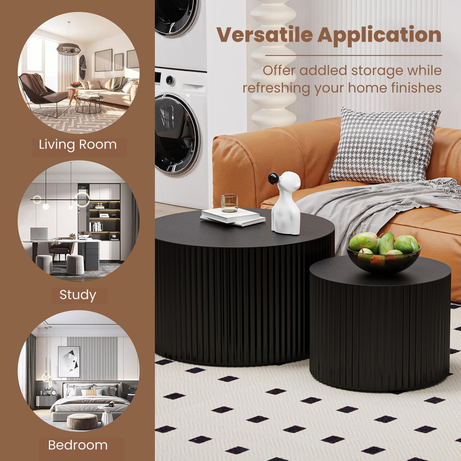 WXFKLDJ Round Nesting Coffee Table Set Cylindrical Wooden Coffee Table Sofa Center Table Circle Embossed Design Side Table for Living Room Apartment No Assembly (Round Black Small)