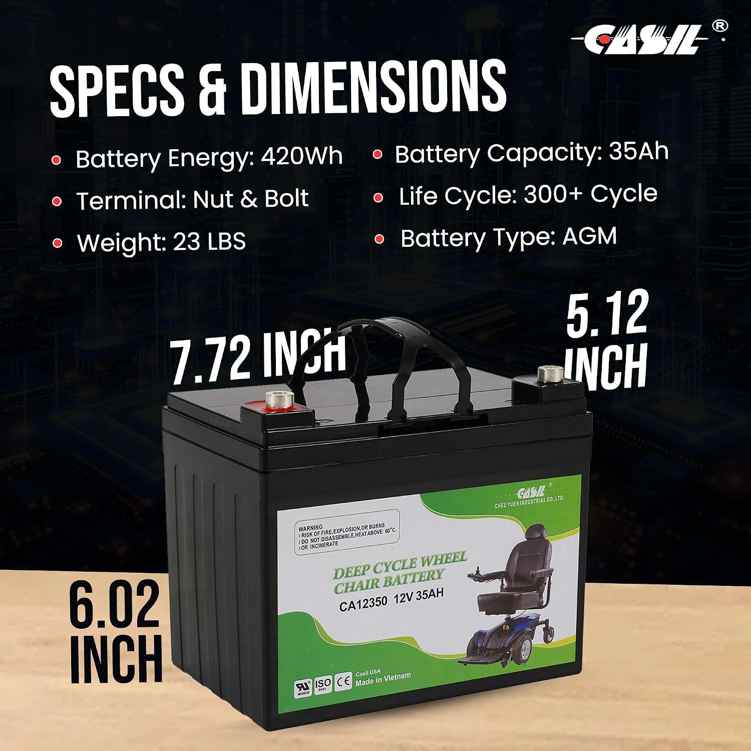 Casil 2-Pack 12V 35Ah AGM Deep Cycle Battery – U1 Mobility Scooter & Wheelchair Replacement for Jazzy Power Chairs, Pride Go-Go, Select 6
