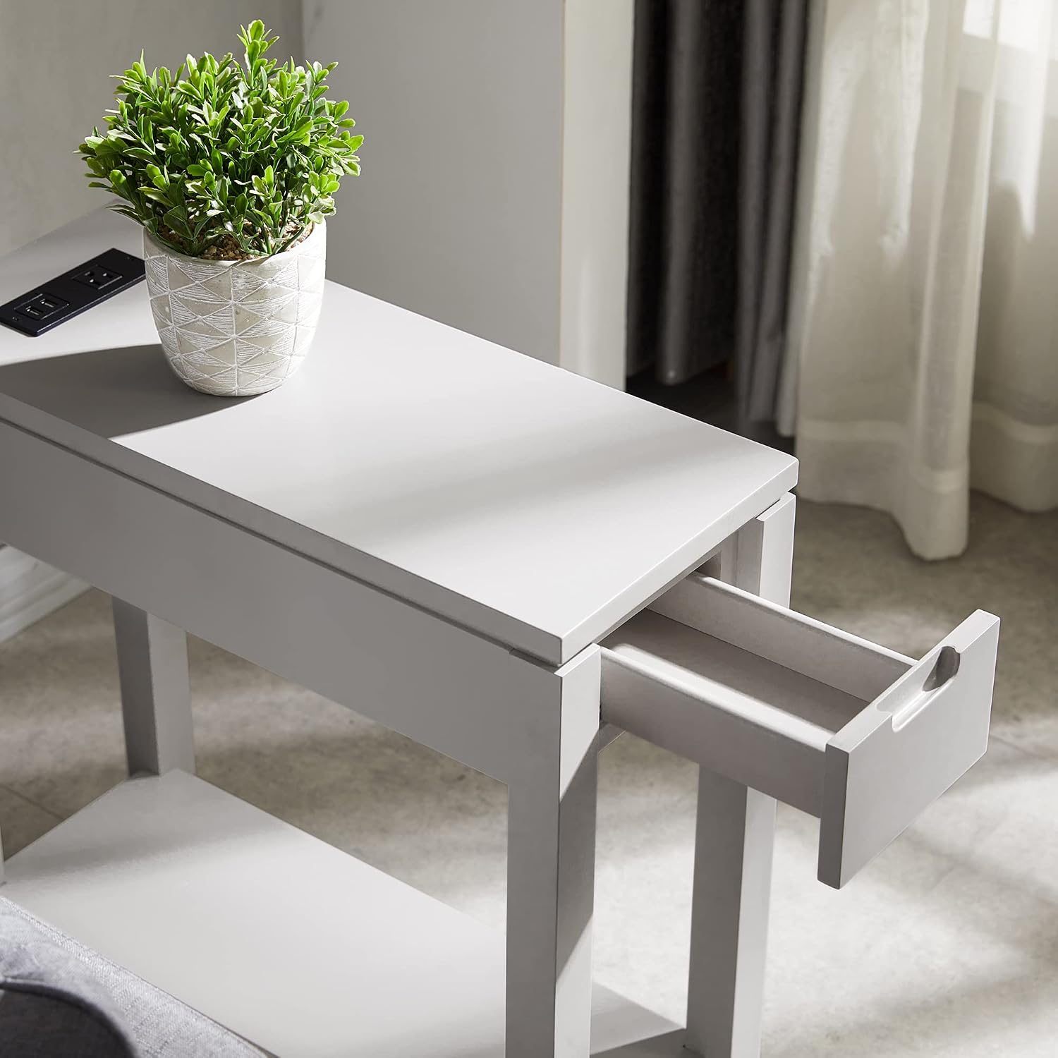 Leick Home 9080-GR Cade Wood Side Table with Drawer and AC/USB Outlet, Gray